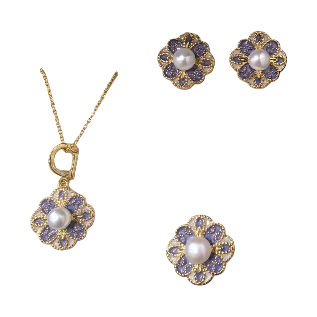 Purple enamel flower pearl jewelry set, necklace, stud ring, elegant and refined birthday gift for a girl Item Picture