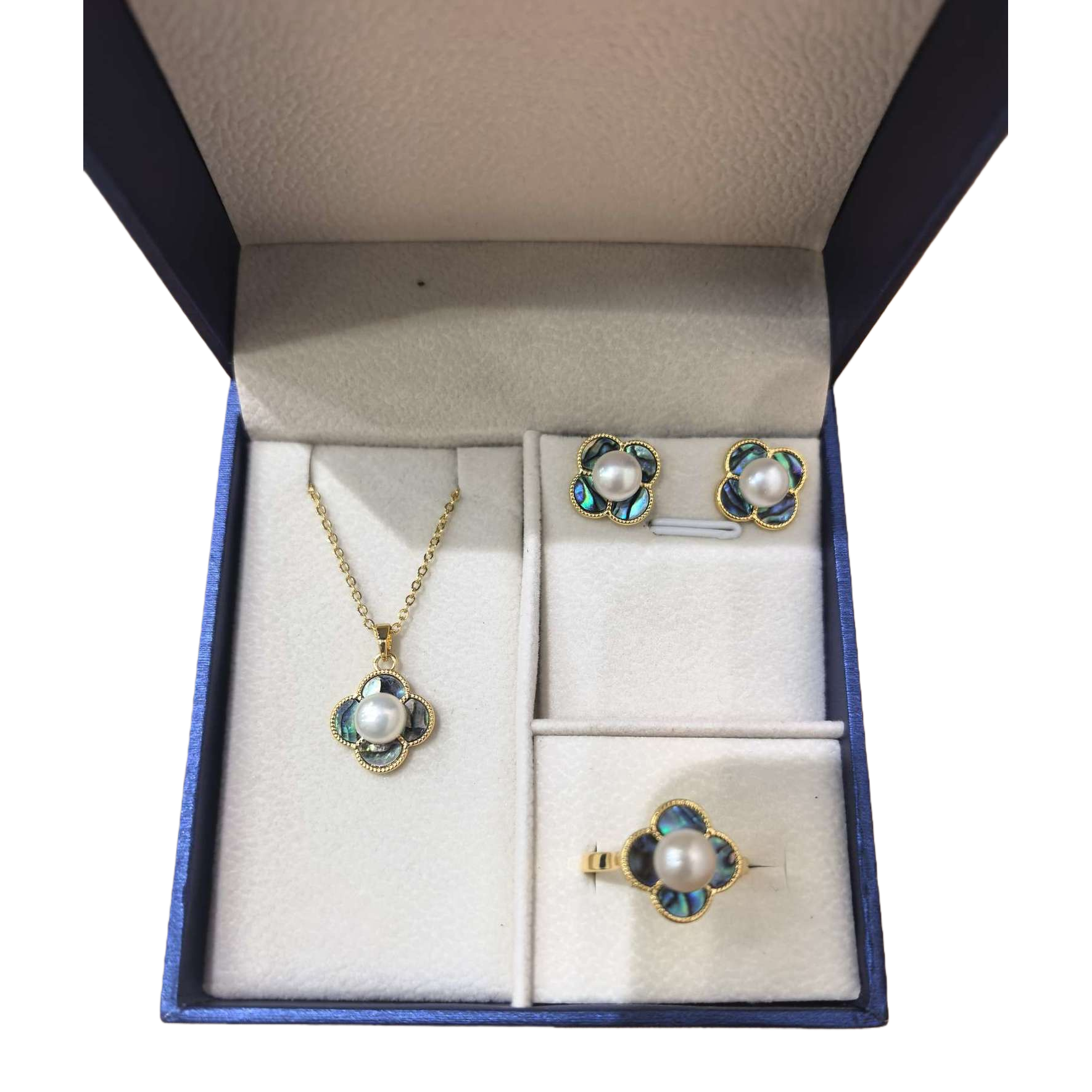 Blue gift box, four-leaf clover jewelry set, pearl pendant, stud ring, gold edge inlaid with rainbow abalone shell, exquisite jewelry gift box Item Picture