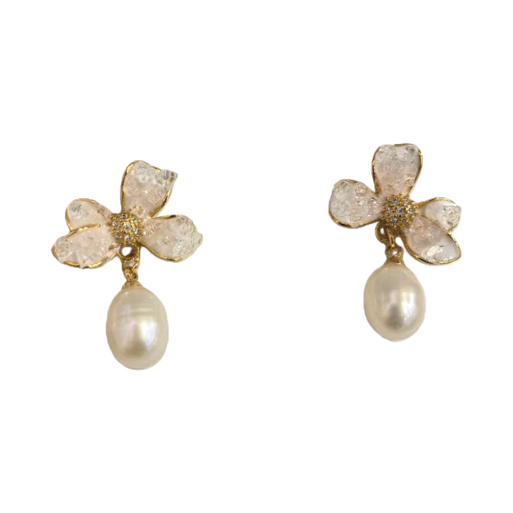The flower-designed pearl earrings in the white jewelry box are elegant, fashionable and versatile accessories Item Picture