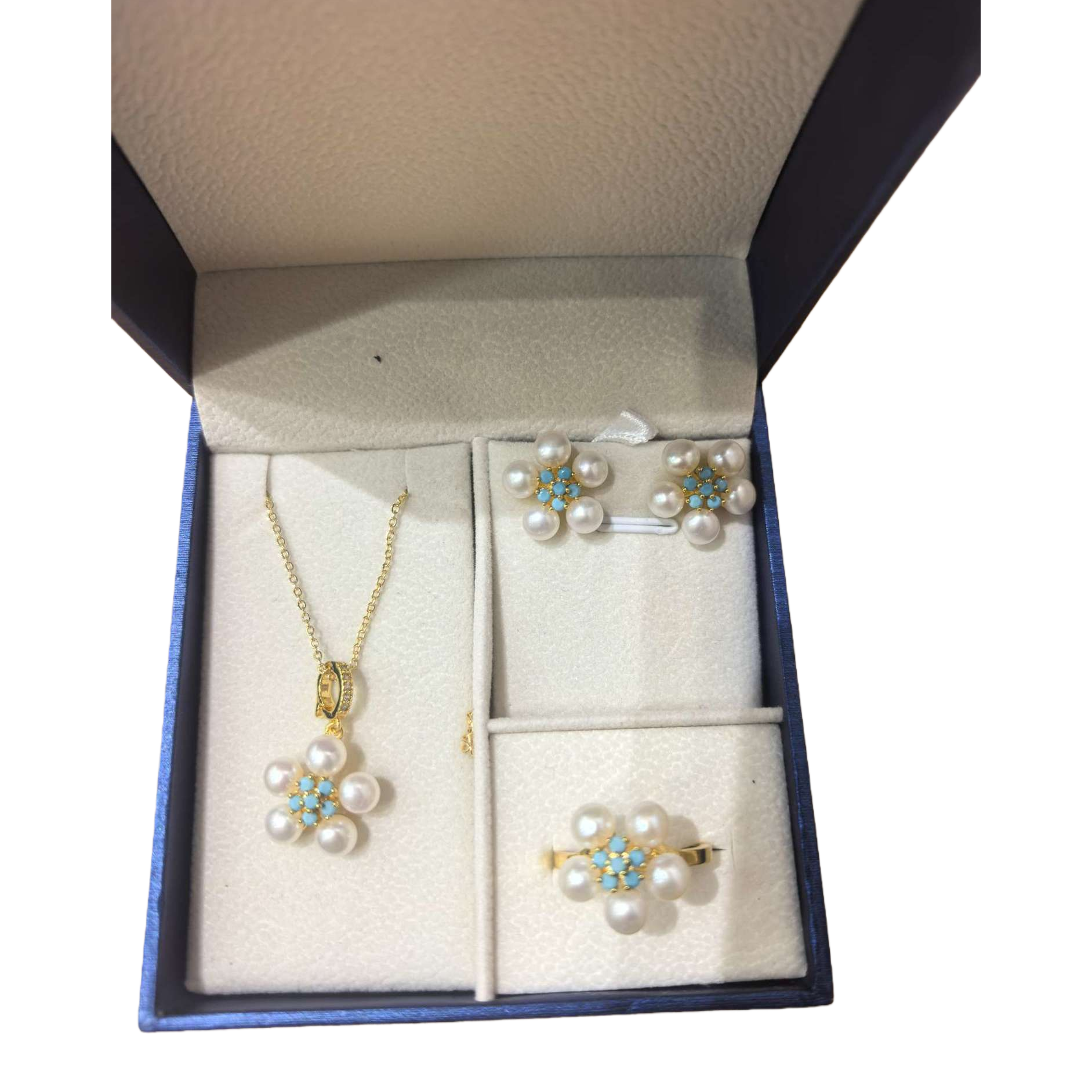 مجموعة من المجوهرات على شكل اللؤلؤ الياقوت الازرق، قلادة من الاذن، مسامير، قلادة، Item Picture