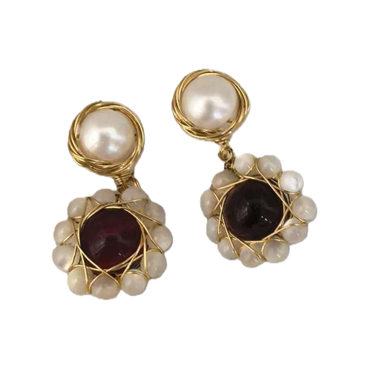 White jewelry box with golden pearl and ruby earrings. Fashionable and elegant accessories. Women's gift box packaging Item Picture