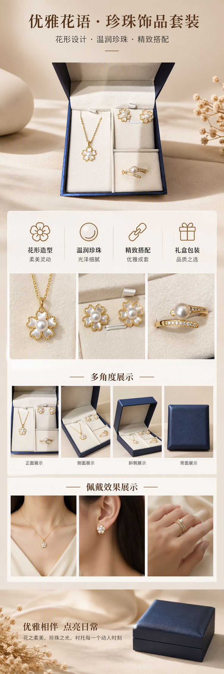 蓝色首饰收纳盒白色衬垫金色花朵珍珠项链耳钉戒指套装收纳盒饰品盒子礼盒详情1