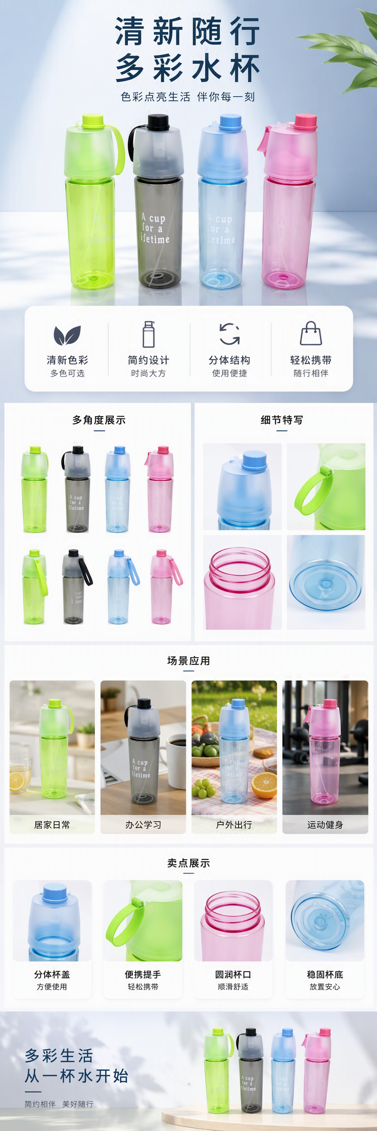多彩喷雾水杯创意便携学生儿童卡通潮流彩色饮水杯夏季必备详情1