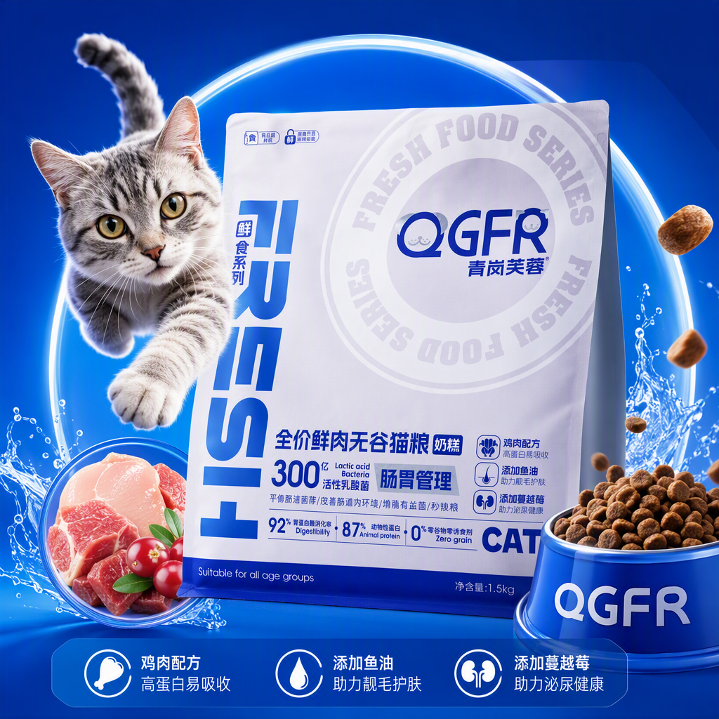 CAT Fresh Food Series chicken formula, white packaging bag, nutritional components, feeding instructions, both Chinese and English labels Specification image