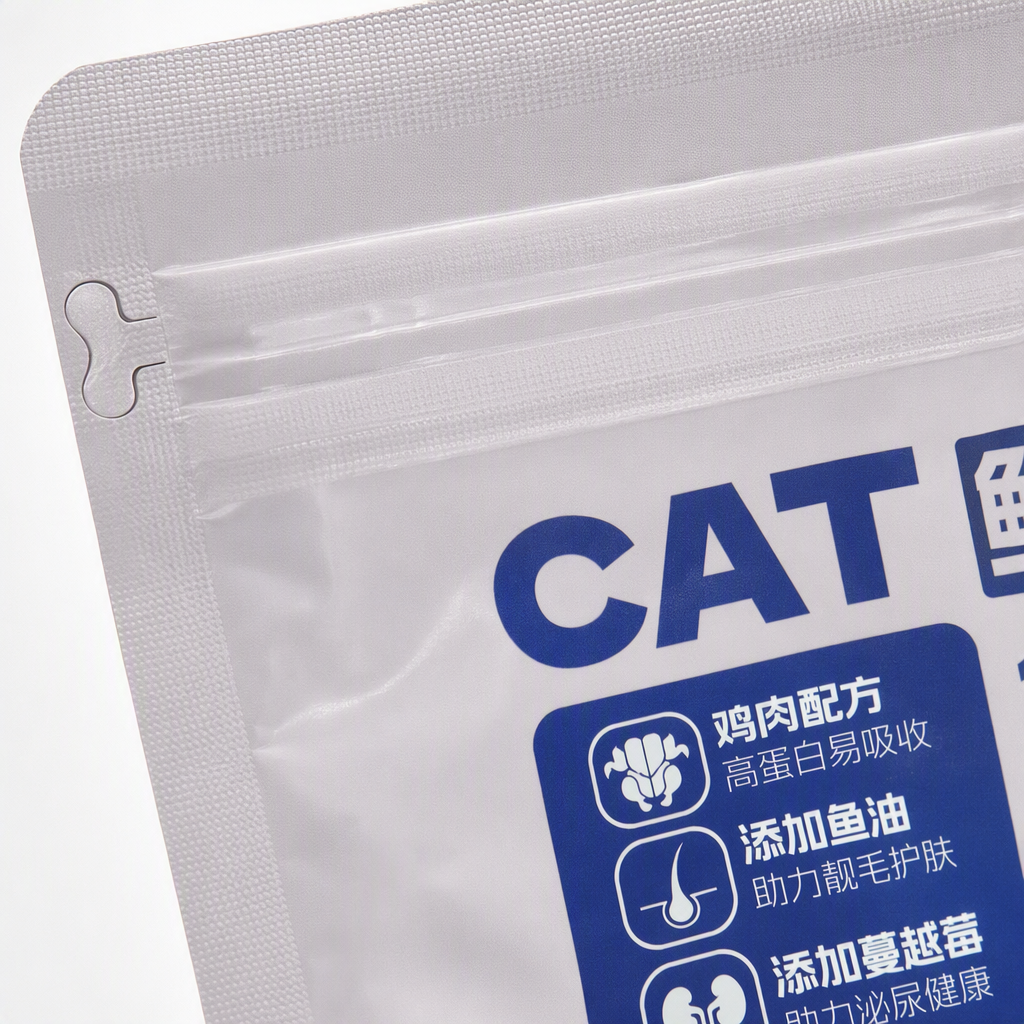 CAT Fresh Food Series chicken formula, white packaging bag, nutritional components, feeding instructions, both Chinese and English labels Application Scenario
