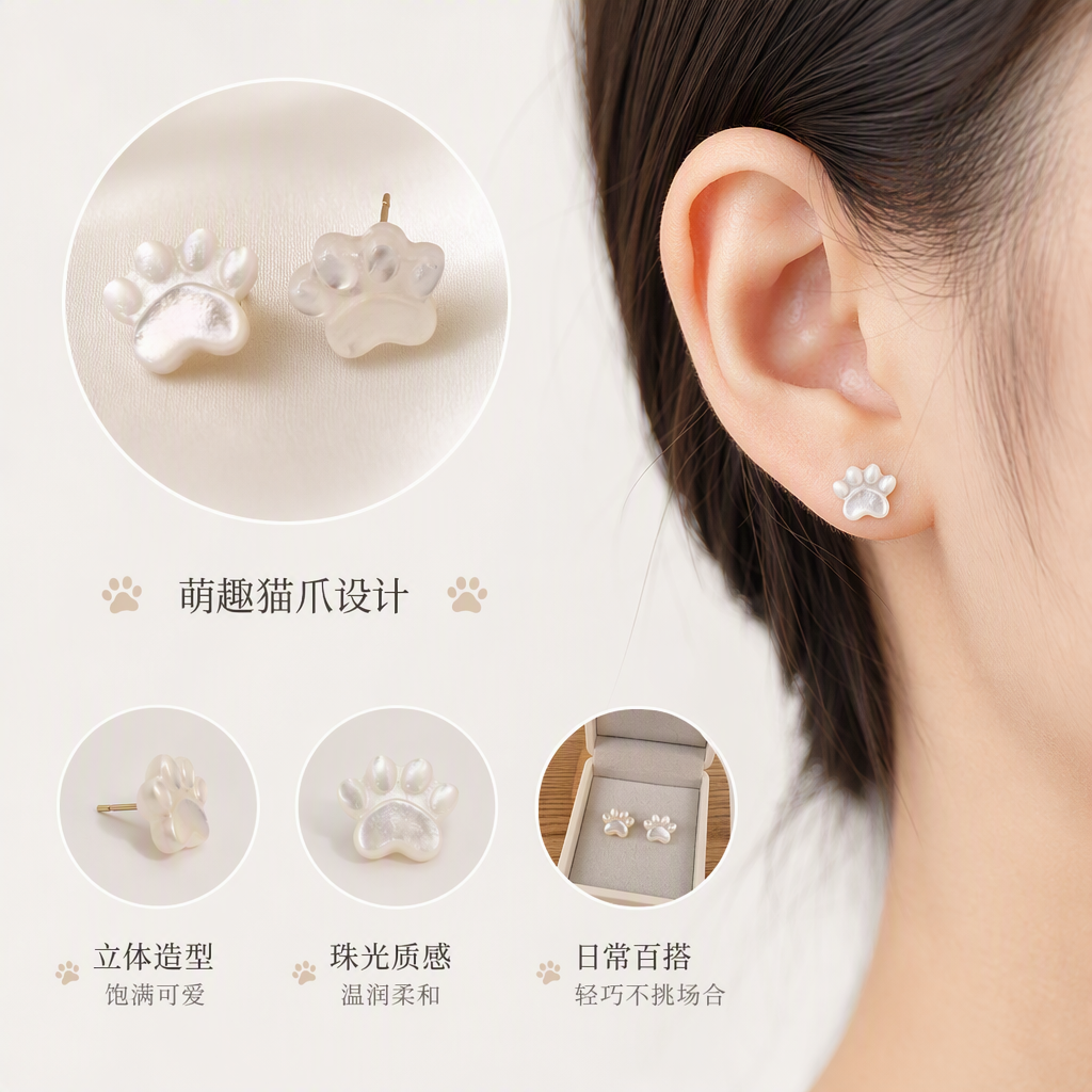 Cute animal paw print white stud earrings, simple Korean style personalized earrings, versatile earrings for girls' temperament