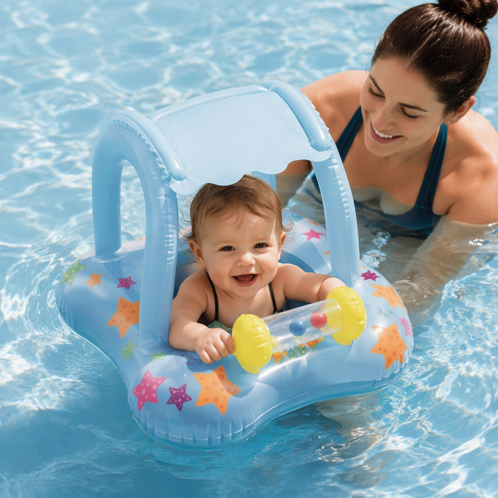 Baby blue swimming ring with sunshade, colorful starfish pattern, children's waterproof safety float, children's water play toy details Picture