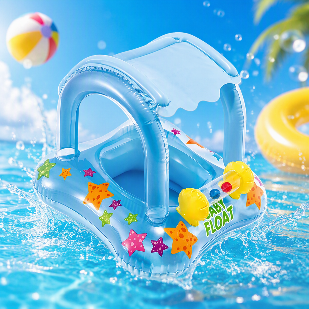 Baby blue swimming ring with sunshade, colorful starfish pattern, children's waterproof safety float, children's water play toy Specification image