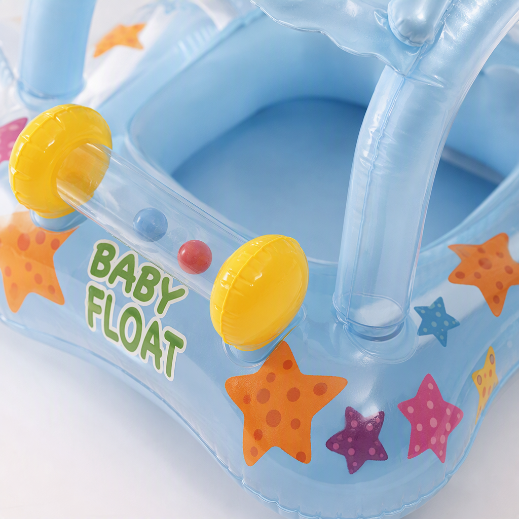 Baby blue swimming ring with sunshade, colorful starfish pattern, children's waterproof safety float, children's water play toy Application Scenario