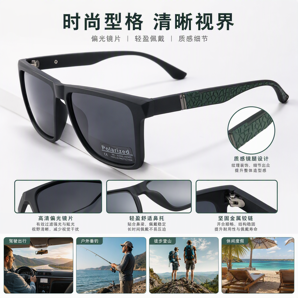 Fashionable polarized sunglasses with black frames for UV protection, unisex polarized sunglasses, trendy sunglasses