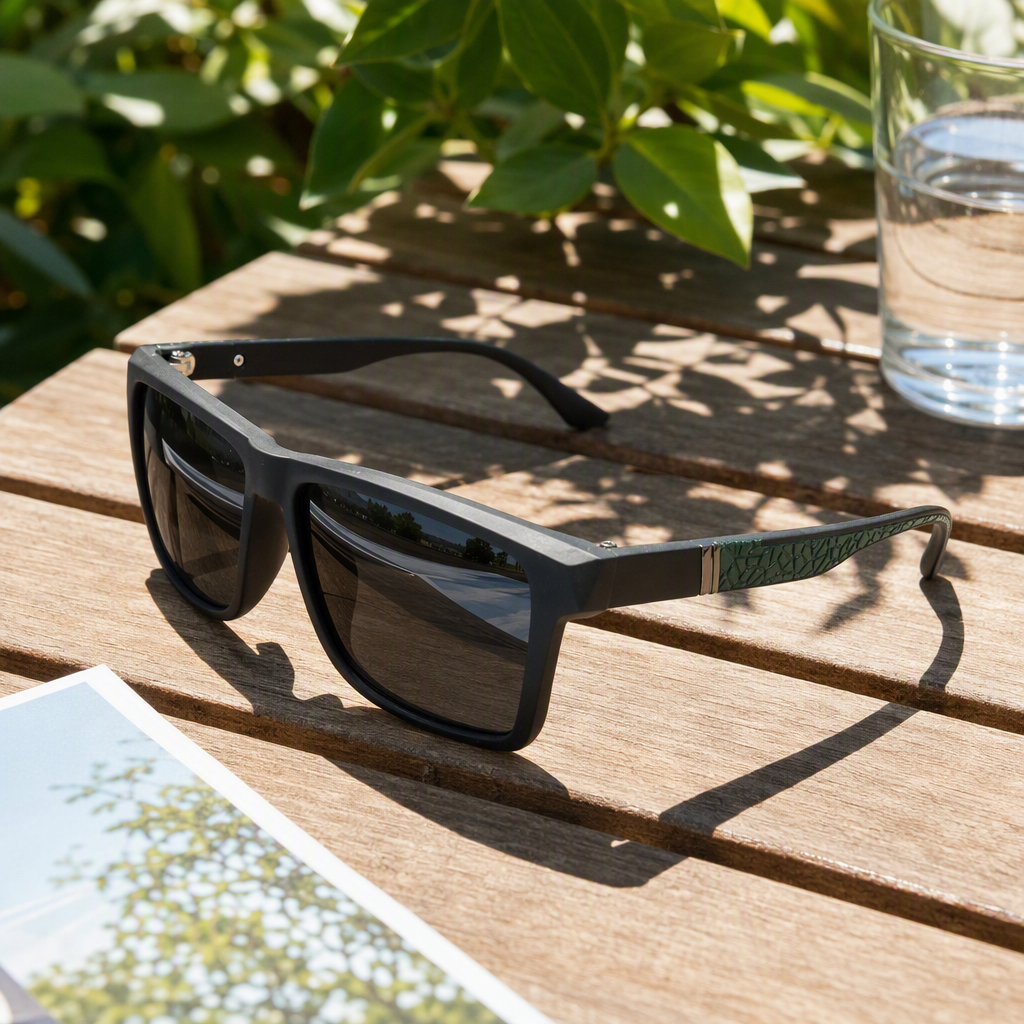 Fashionable polarized sunglasses with black frames for UV protection, unisex polarized sunglasses, trendy sunglasses details Picture