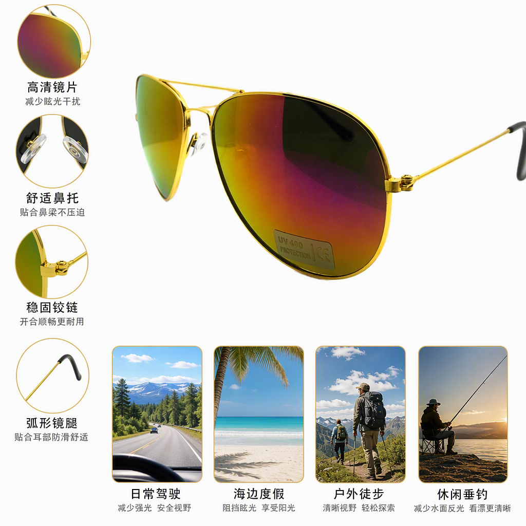 Fashionable golden-framed sunglasses, polarized UV protection, trendy sunglasses for men and women, casual style