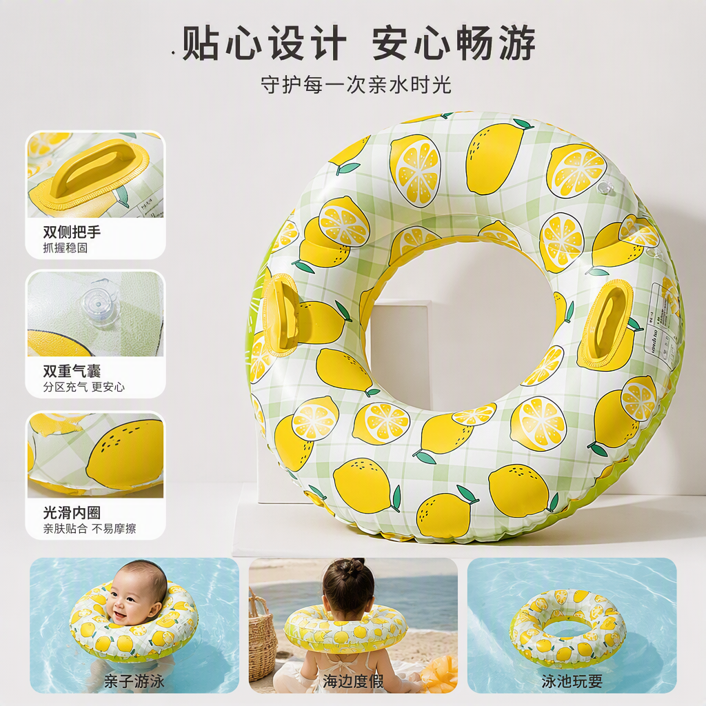 Cartoon lemon pattern inflatable swimming rings, waterproof and anti-slip floating life rings for children and adults, essential for summer