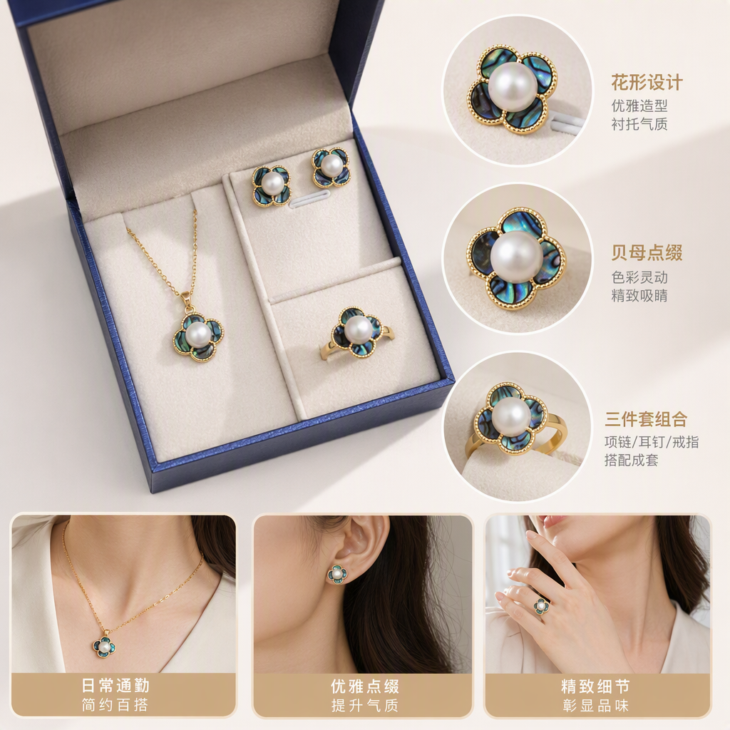 Blue gift box, four-leaf clover jewelry set, pearl pendant, stud ring, gold edge inlaid with rainbow abalone shell, exquisite jewelry gift box