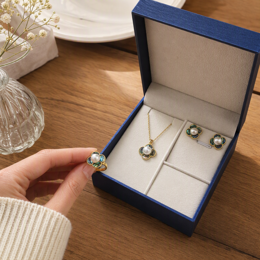 Blue gift box, four-leaf clover jewelry set, pearl pendant, stud ring, gold edge inlaid with rainbow abalone shell, exquisite jewelry gift box details Picture