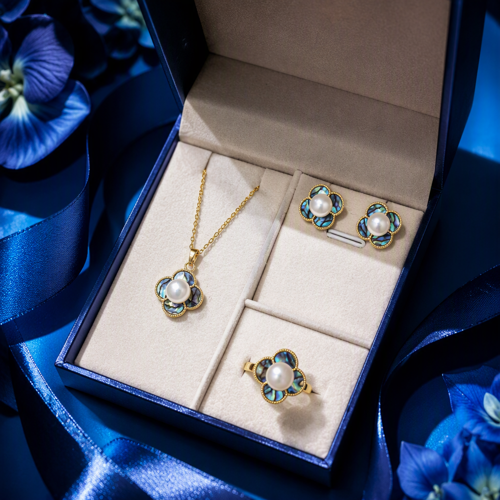 Blue gift box, four-leaf clover jewelry set, pearl pendant, stud ring, gold edge inlaid with rainbow abalone shell, exquisite jewelry gift box Specification image