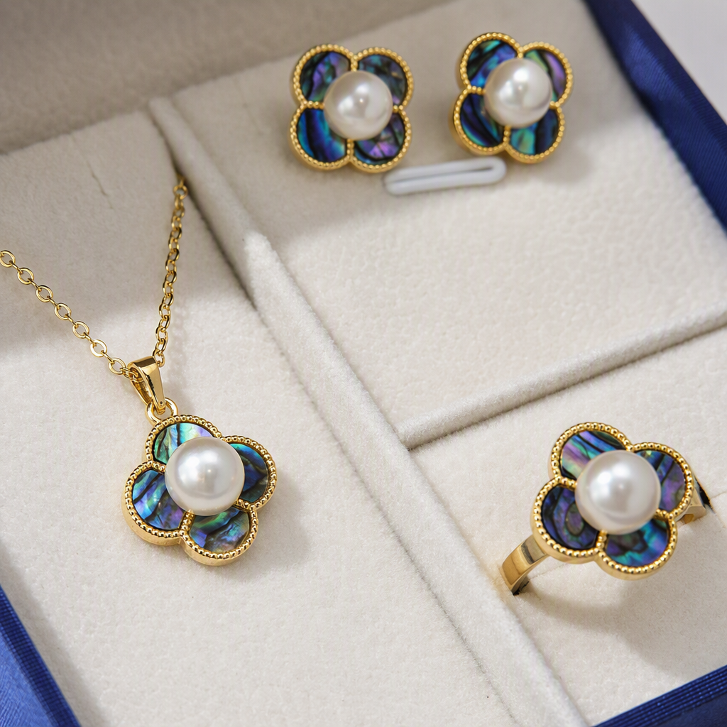 Blue gift box, four-leaf clover jewelry set, pearl pendant, stud ring, gold edge inlaid with rainbow abalone shell, exquisite jewelry gift box Application Scenario