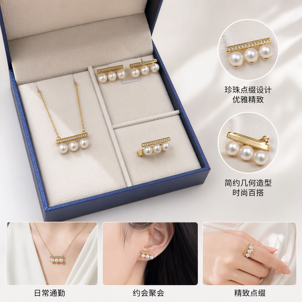 Blue jewelry box, pearl three-piece set, necklace, stud rings, white padding, elegant accessories, gift box packaging
