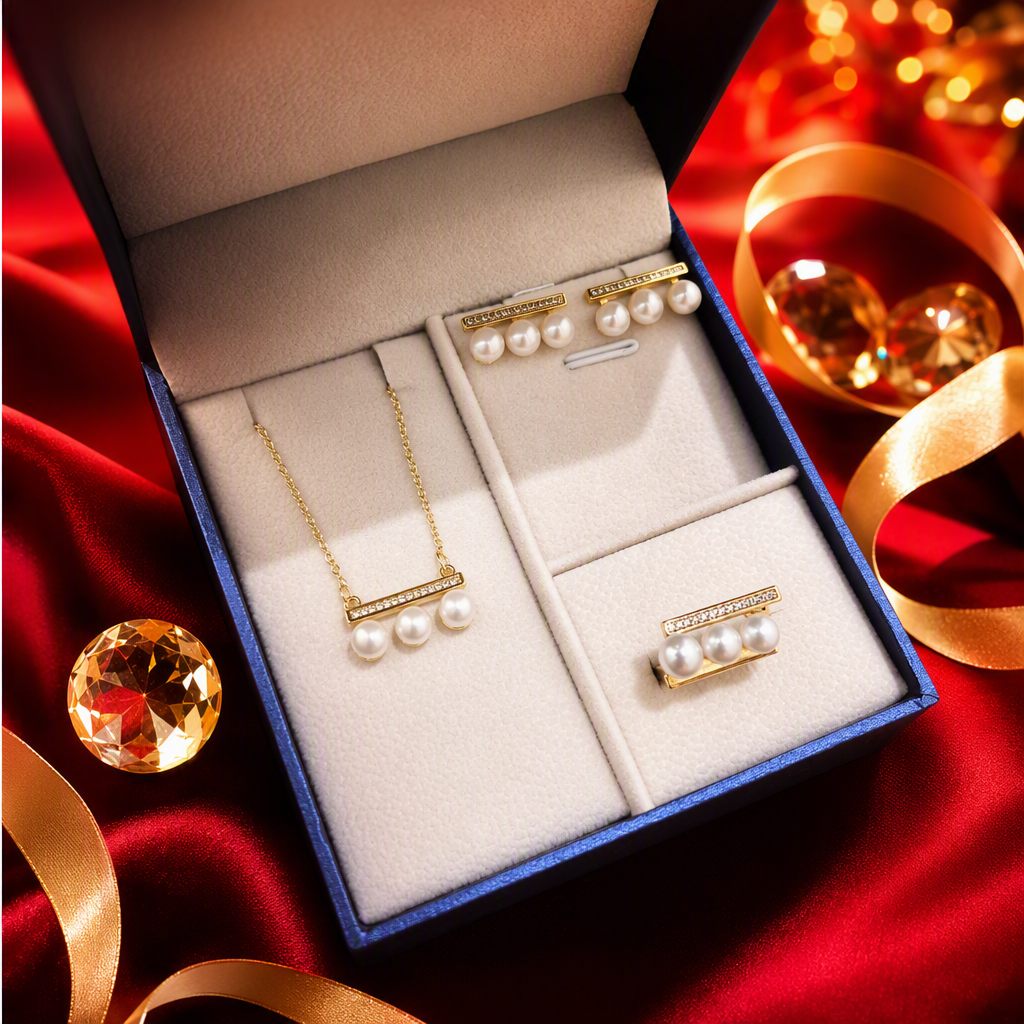 Blue jewelry box, pearl three-piece set, necklace, stud rings, white padding, elegant accessories, gift box packaging Specification image