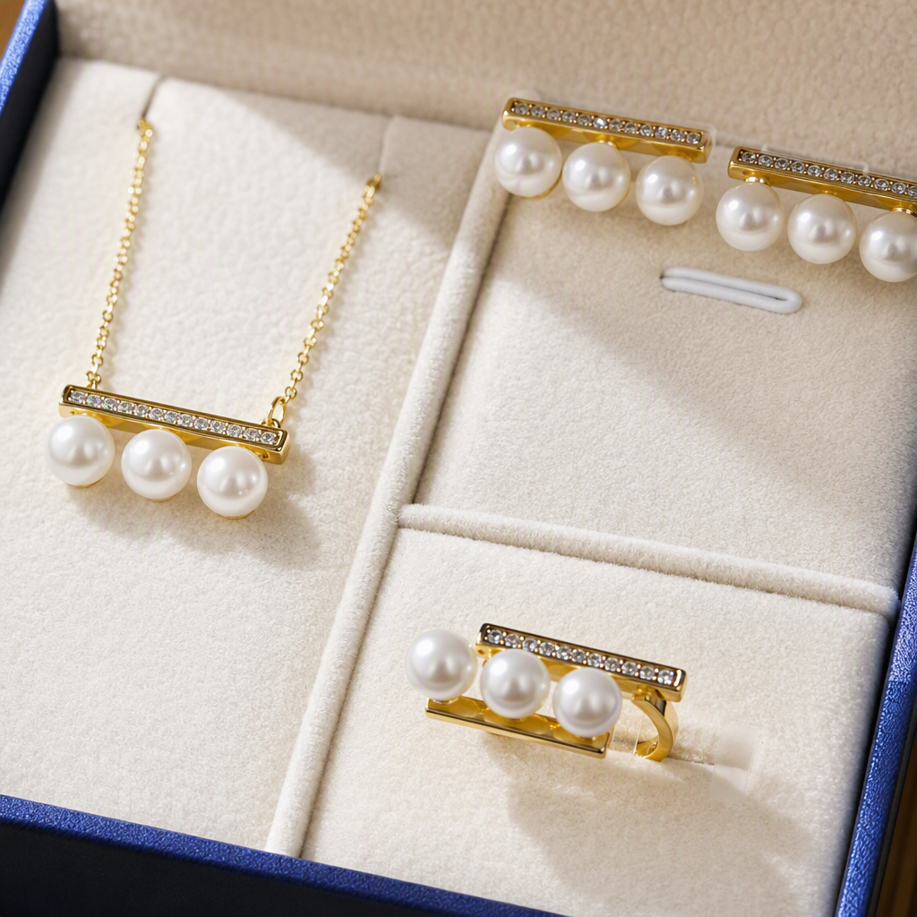 Blue jewelry box, pearl three-piece set, necklace, stud rings, white padding, elegant accessories, gift box packaging Application Scenario
