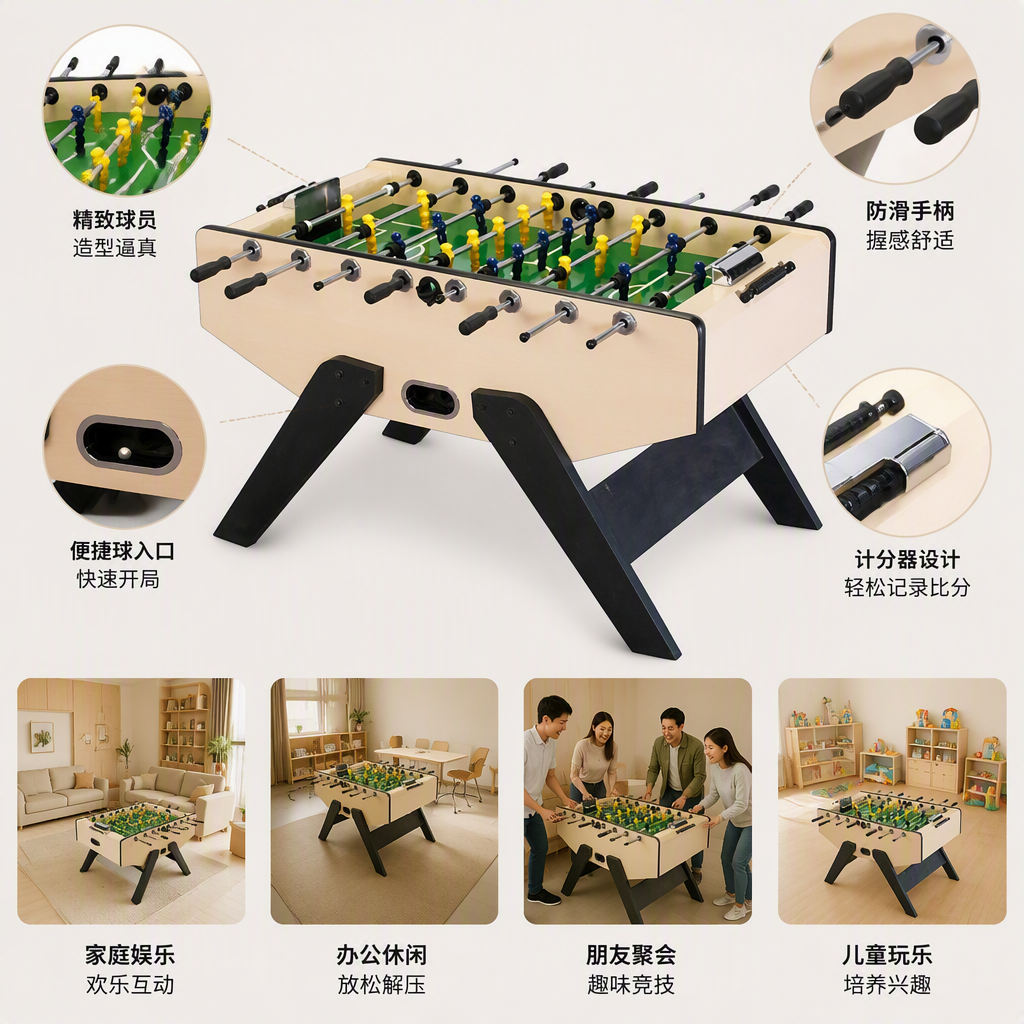 浅木色桌体配黑色支架多功能桌上足球台家庭娱乐休闲运动设备