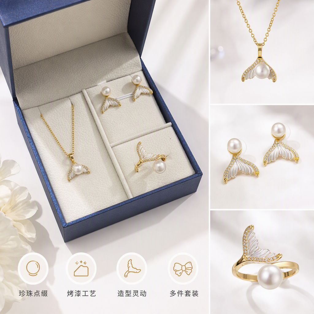 The blue gift box pearl whale tail-shaped jewelry set, necklace, stud earrings and ring are exquisite and fashionable gifts