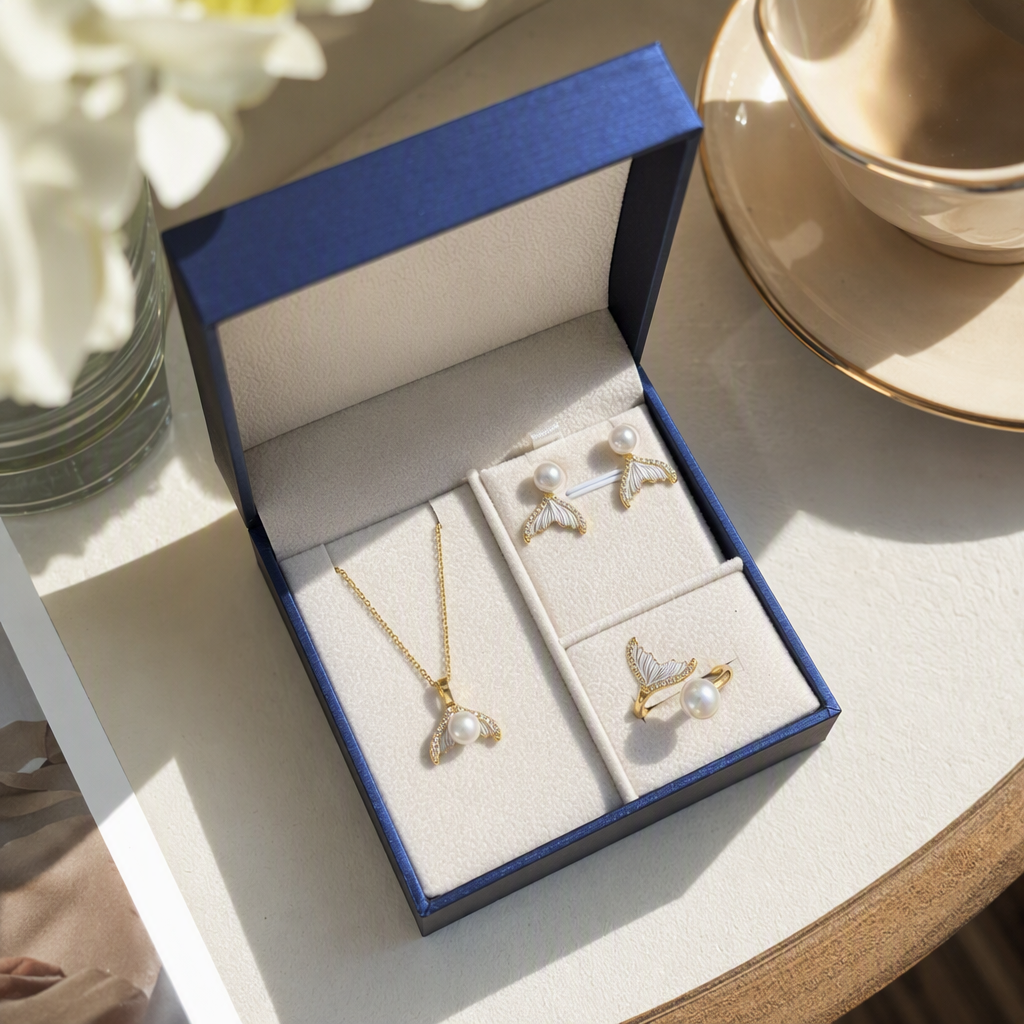The blue gift box pearl whale tail-shaped jewelry set, necklace, stud earrings and ring are exquisite and fashionable gifts details Picture