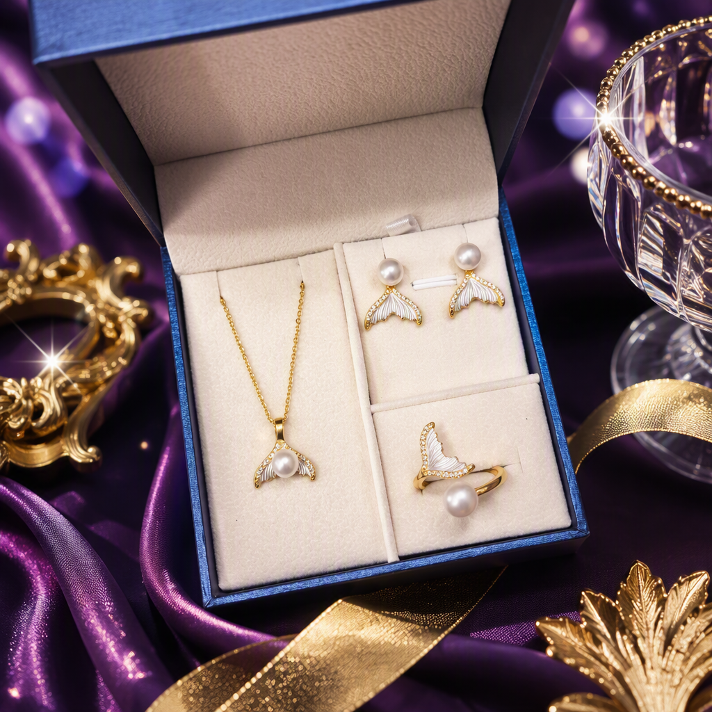 The blue gift box pearl whale tail-shaped jewelry set, necklace, stud earrings and ring are exquisite and fashionable gifts Specification image