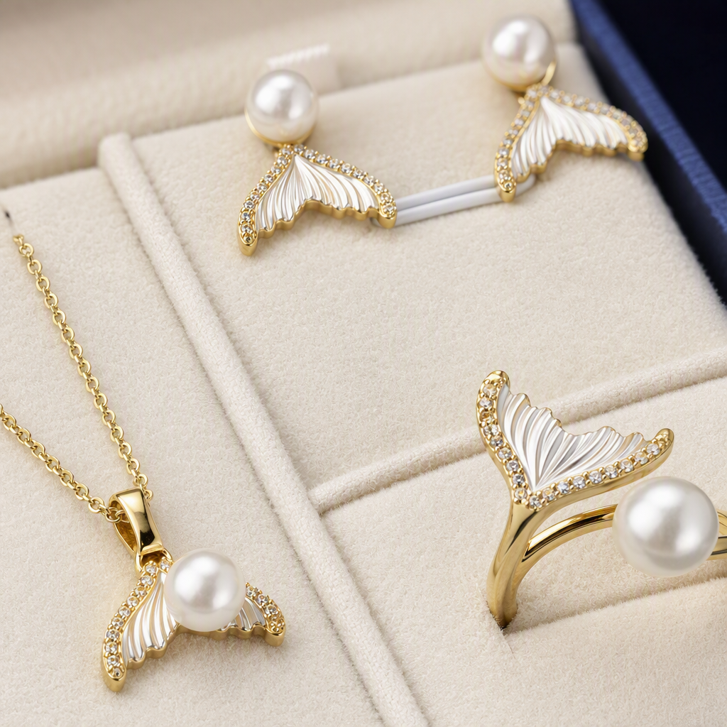 The blue gift box pearl whale tail-shaped jewelry set, necklace, stud earrings and ring are exquisite and fashionable gifts Application Scenario
