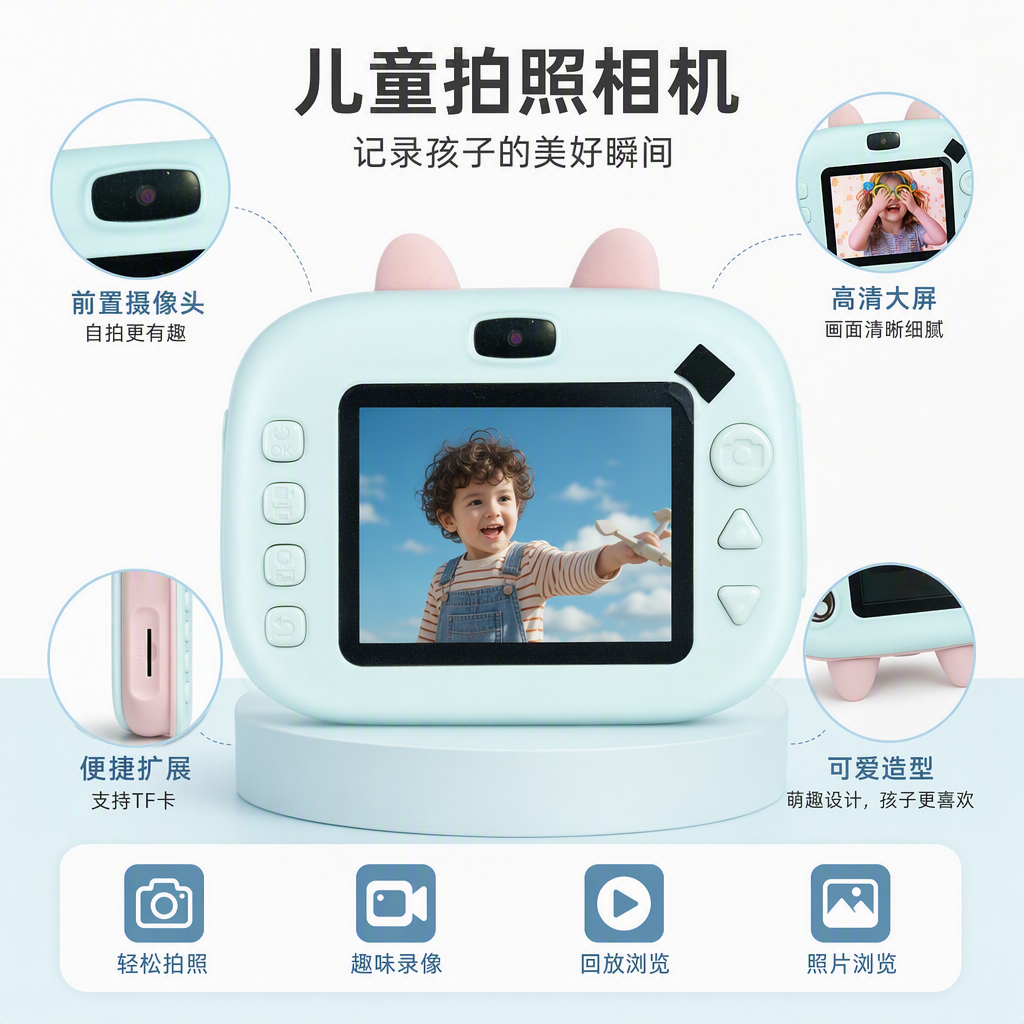 A high-definition, shockproof and portable toy camera for children's white camera, suitable as a gift for school-aged children