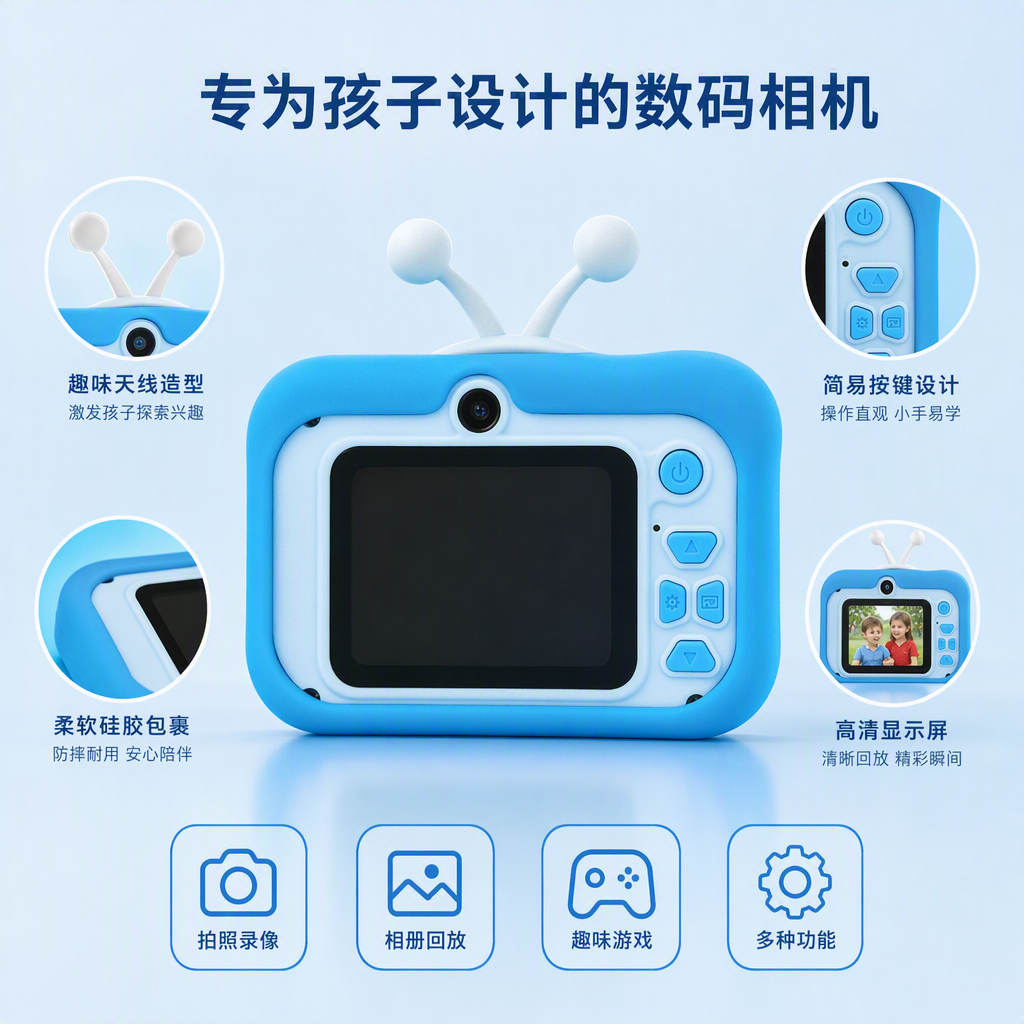 A portable, shockproof and high-definition toy camera for children's blue photography, suitable as a gift for school-aged children