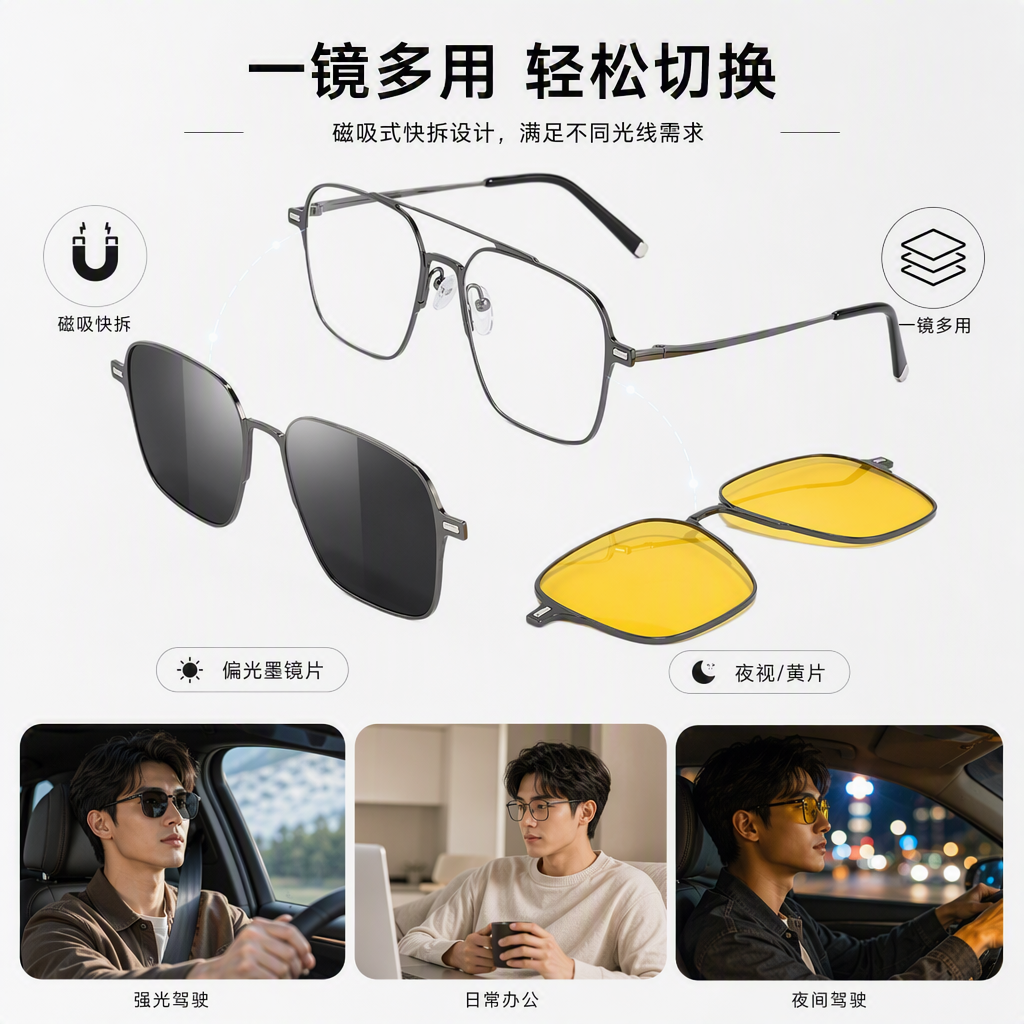 Fashionable metal-framed glasses with magnetic lenses are lightweight, durable and suitable for both men and women