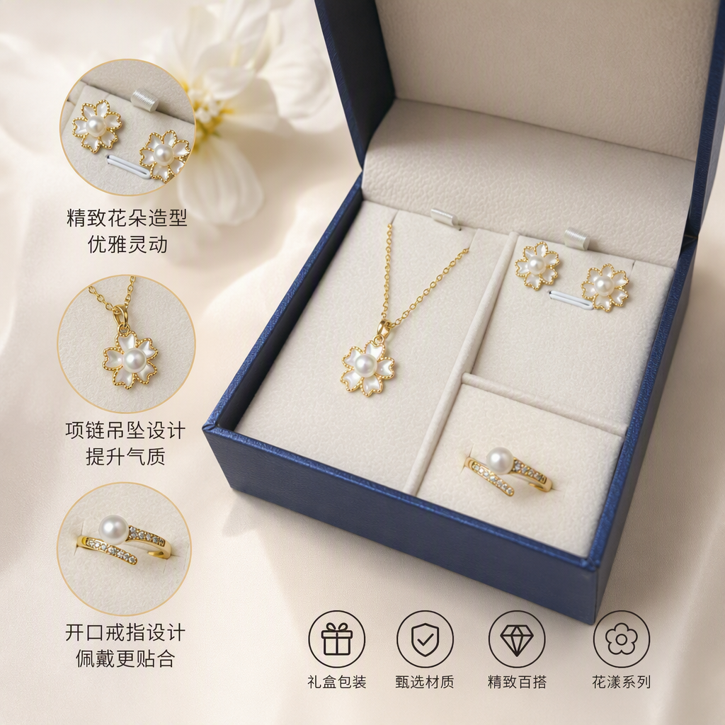 蓝色首饰收纳盒白色衬垫金色花朵珍珠项链耳钉戒指套装收纳盒饰品盒子礼盒