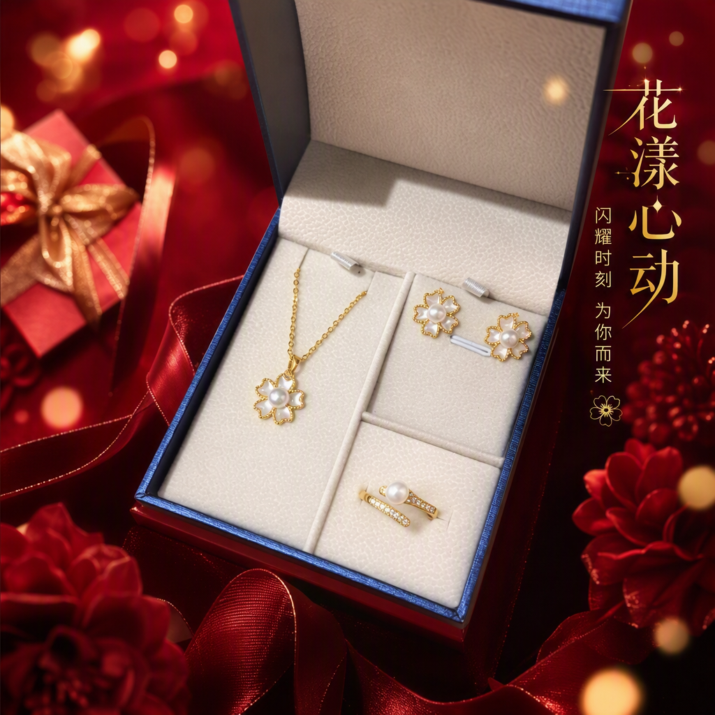 蓝色首饰收纳盒白色衬垫金色花朵珍珠项链耳钉戒指套装收纳盒饰品盒子礼盒细节图