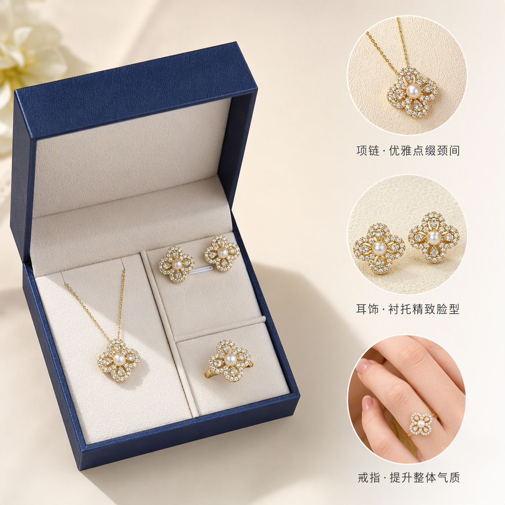 Cuatro hojas de oro forma de flor conjunto de joyas collar pendientes anillos elegante moda regalos boutique accesorios