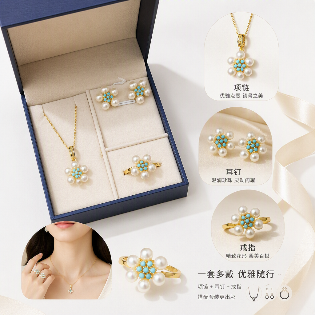 Perlas zafiro flores conjunto de joyas collar pendientes anillos caja de regalo embalaje accesorios elegantes regalos
