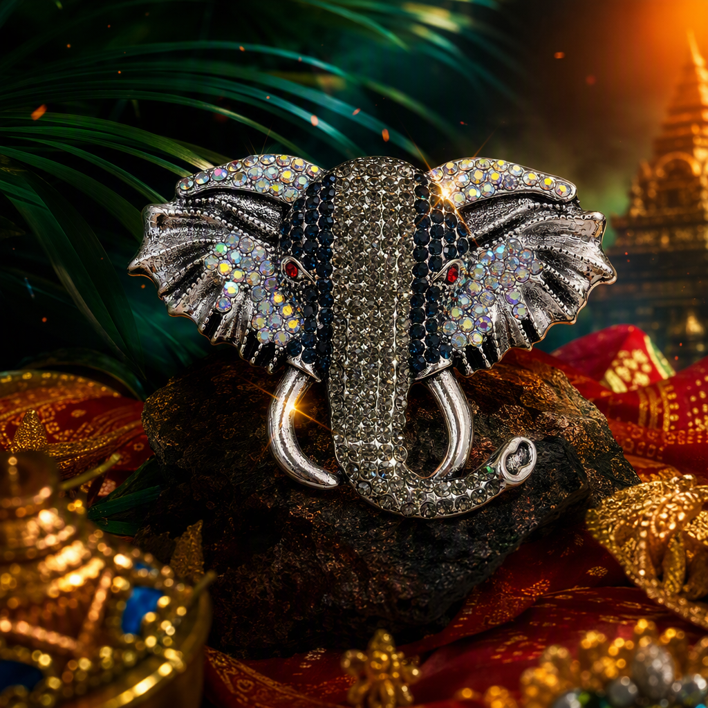 A silver diamond-encrusted elephant-shaped brooch is a fashionable, versatile and unique ladies' accessory and gift collection Specification image