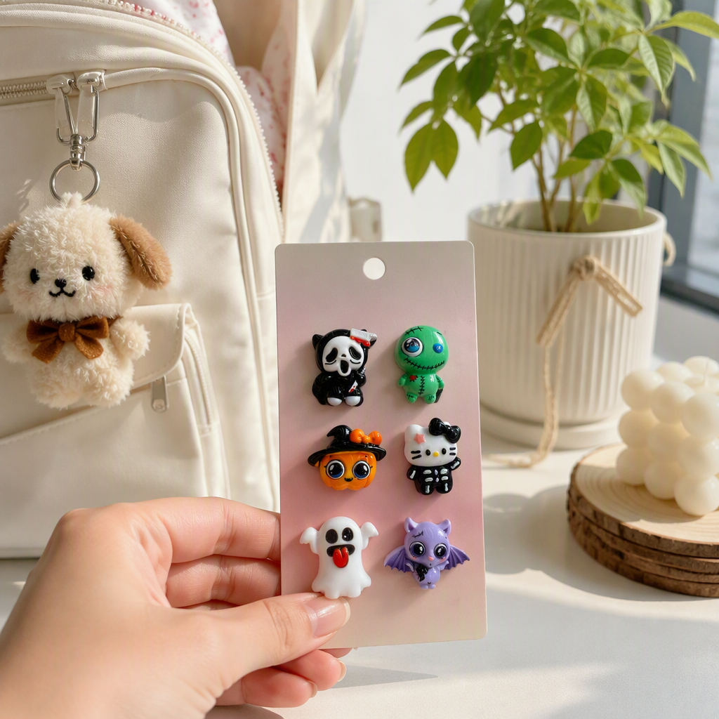 Six pink card Halloween-themed small doll stickers, creative festival handcrafted material accessories details Picture