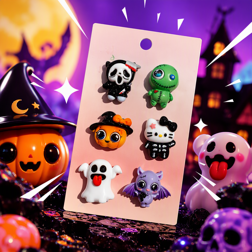 Six pink card Halloween-themed small doll stickers, creative festival handcrafted material accessories Specification image