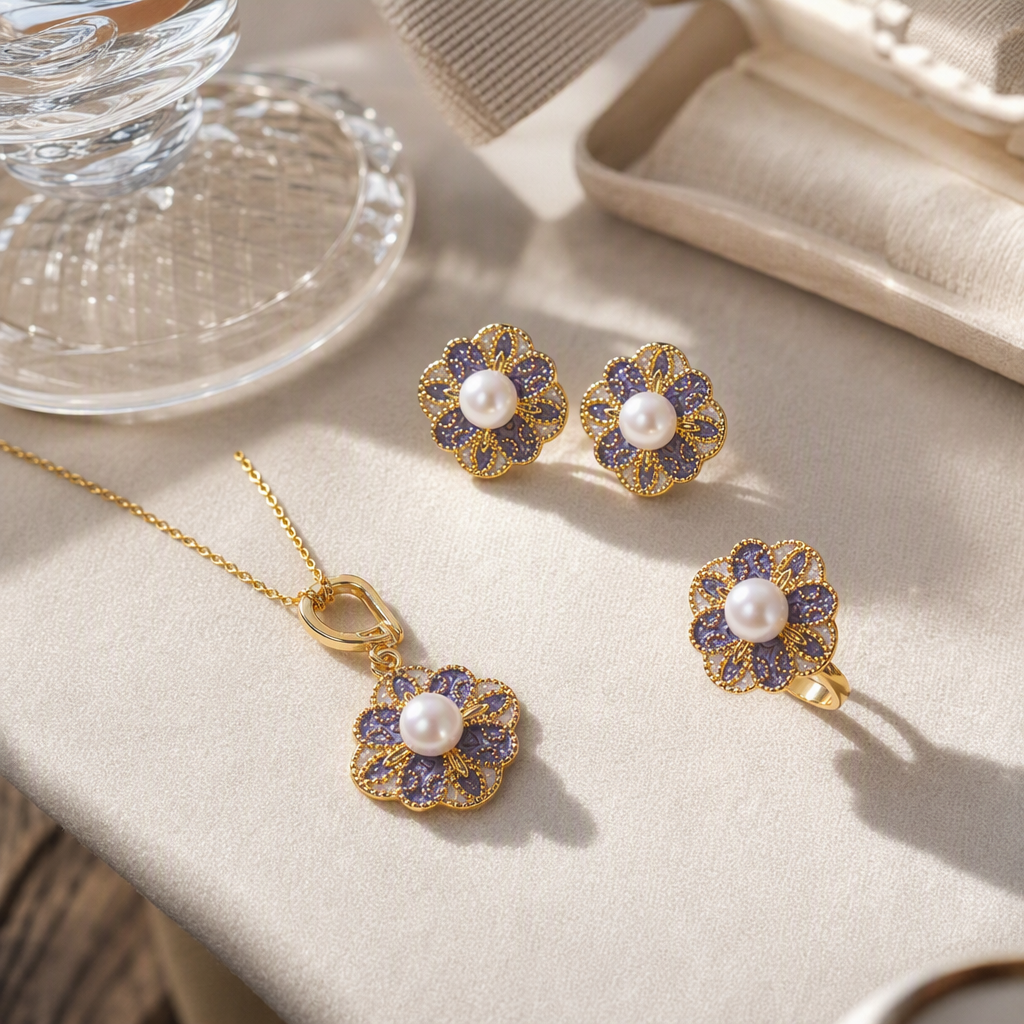 Purple enamel flower pearl jewelry set, necklace, stud ring, elegant and refined birthday gift for a girl details Picture