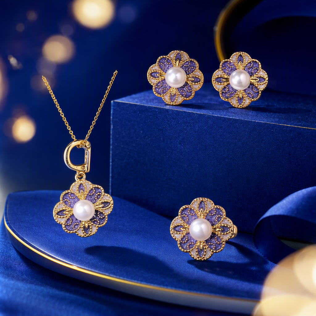 Purple enamel flower pearl jewelry set, necklace, stud ring, elegant and refined birthday gift for a girl Specification image