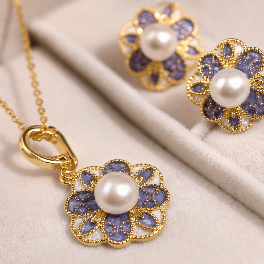 Purple enamel flower pearl jewelry set, necklace, stud ring, elegant and refined birthday gift for a girl Application Scenario