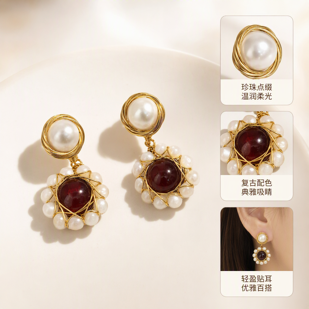 White jewelry box with golden pearl and ruby earrings. Fashionable and elegant accessories. Women's gift box packaging