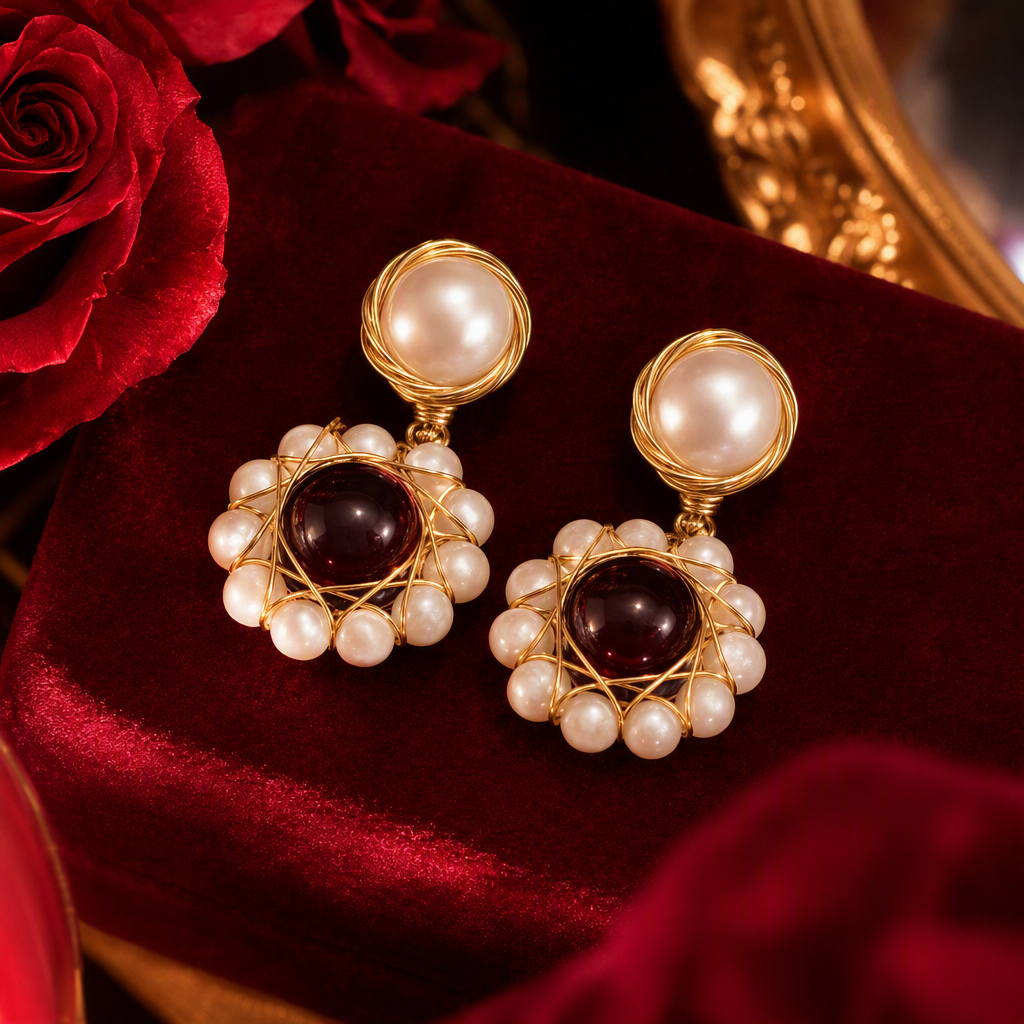 White jewelry box with golden pearl and ruby earrings. Fashionable and elegant accessories. Women's gift box packaging Specification image