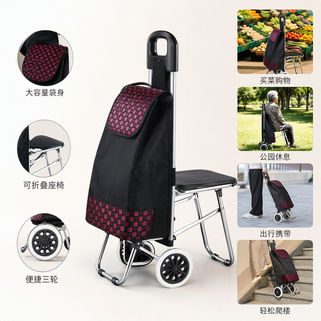 Carro de compras portátil plegable para el hogar ligero y duradero multi-escena mano empuje y tire de la furgoneta pequeño tire de la compra conveniente details Picture