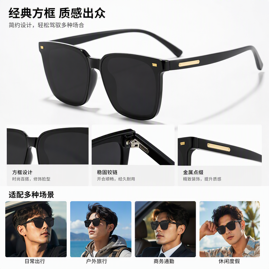 Square golden decorative frame sunglasses, black eyeglass case, gift box packaging, fashionable and trendy accessories