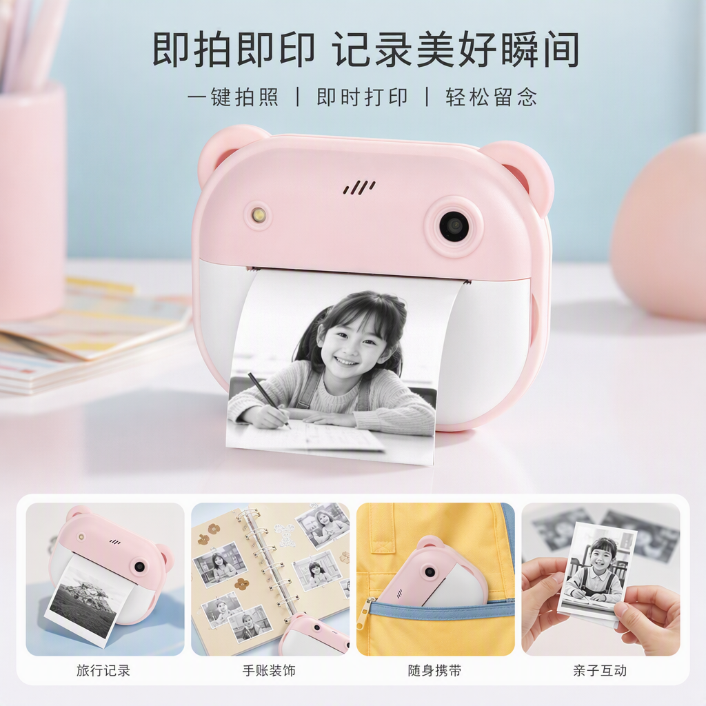 粉色熊形多功能打印机家用迷你便携照片彩色打印机创意礼品
