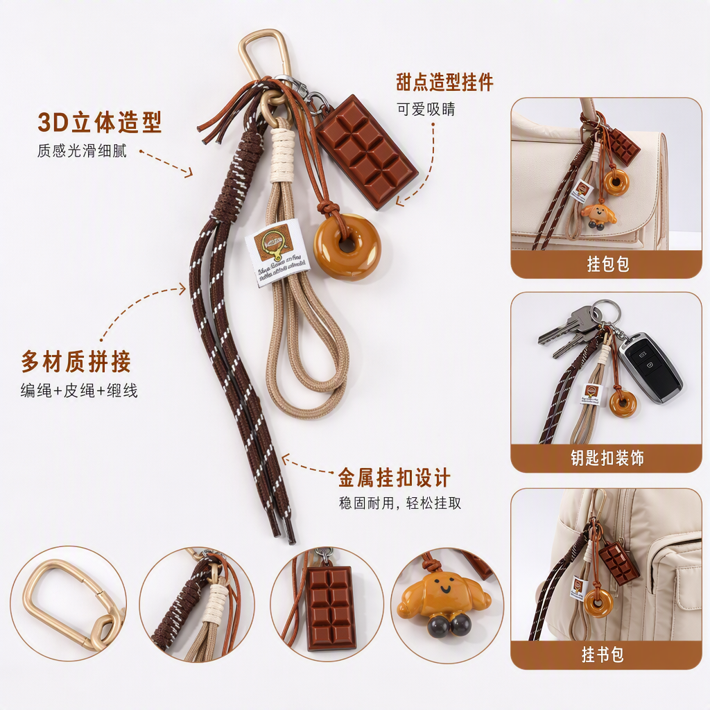 美拉德风编织绳钥匙扣 巧克力甜甜圈甜点挂件复古布艺标签包包挂饰