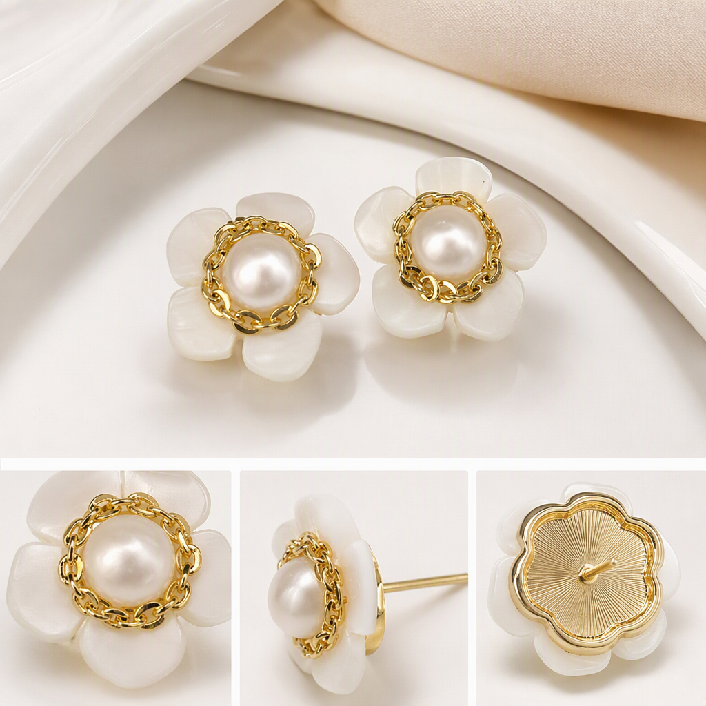 The flower-shaped pearl earrings in the white stud box are simple and elegant. It is a gift box of earrings and accessories for women
