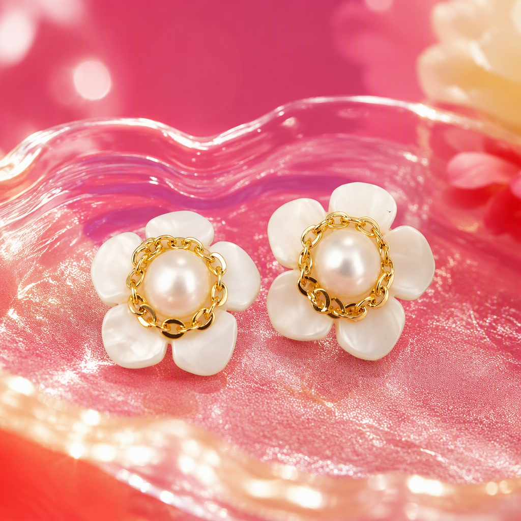 The flower-shaped pearl earrings in the white stud box are simple and elegant. It is a gift box of earrings and accessories for women Specification image